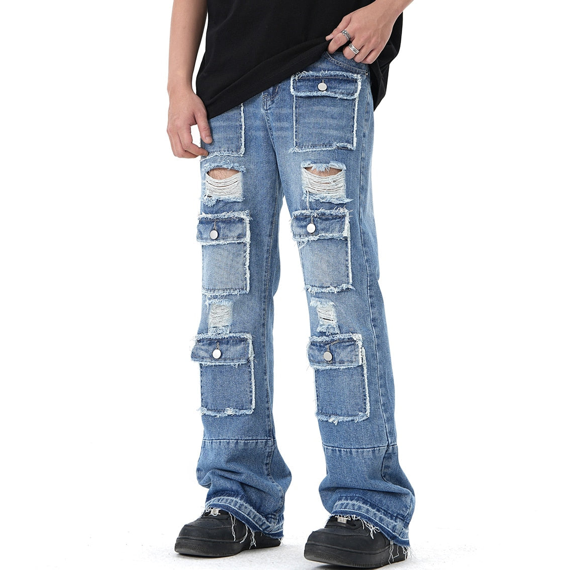 Harajuku Multi-pockets Hole Ripped Baggy Jeans for Men Y2K Straight Distressed Casual Streetwear Cargos Unisex Denim Trousers