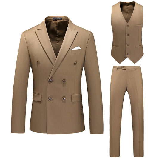 saferido (Jackets+Vest+Pants) Double Breasted Tuxedo Suit Men Business Work Wedding Formal Sets Solid Blazers Slim Korean Clothing S-6XL