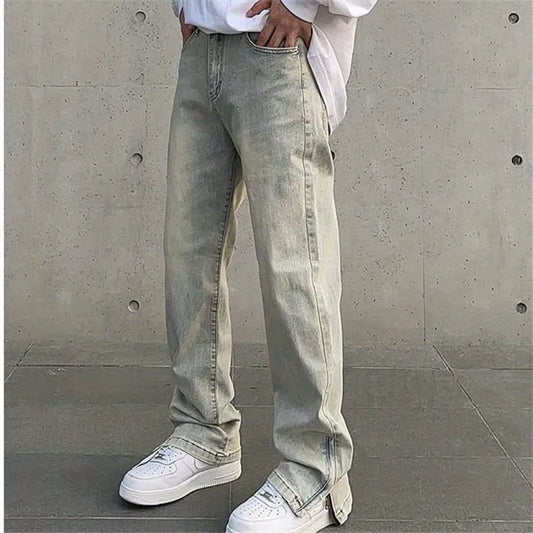 saferido Jeans Men's Y2K Vintage Straight Leg Pants Solid Color Button Pocket Split Zipper Loose Trousers Spring Summer Male Clothing 035