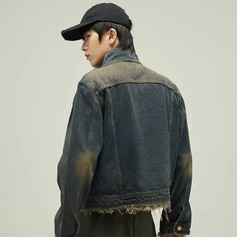 Mens Denim Jacket American Vintage Fake Two Pieces Design Washed Trend Jeans Coat Male Hip Hop High Collar Unisex Outwear 2024