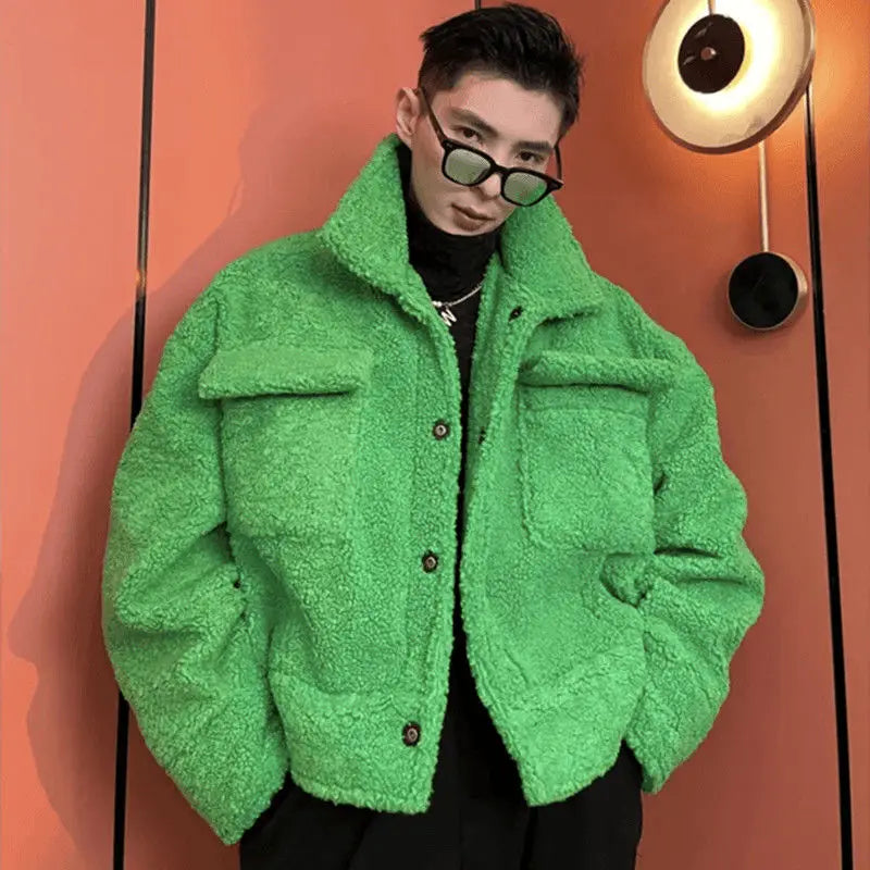 saferido Green Padded Winter Men's Jacket Fleece Lamb Wool Thickened Short Coat Male Y2K Top Plush Warm Korean Streetwear Hip Hop