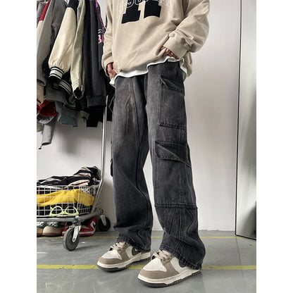 Men's Patchwork Blue Cargo Jeans Unisex Straight Casual Trousers Men Muti-pockets Hip Hop Streetwear 90s Vintage Fashion Pants