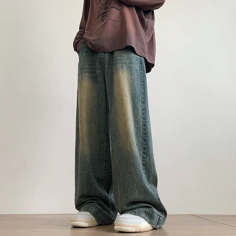 saferido Distressed Vintage Blue Jeans Pants Men Wide-leg Denim Trousers Male Oversize Streetwear Fashion Casual Baggy Straight Jeans