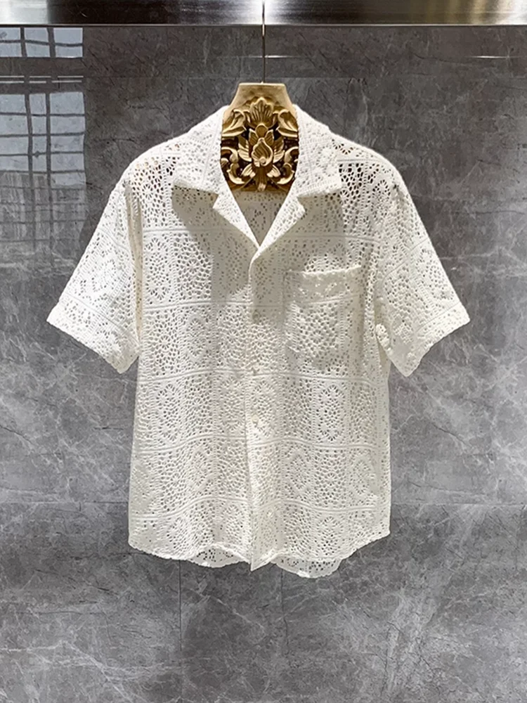 Summer Mens Hollow Out Crochet Beach Shirt Short Sleeve Single Breasted Loose Fit Tops Vintage Breathable Night Clubwear Shirts