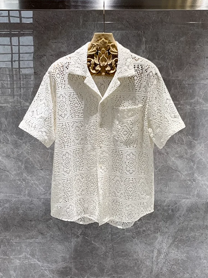 Summer Mens Hollow Out Crochet Beach Shirt Short Sleeve Single Breasted Loose Fit Tops Vintage Breathable Night Clubwear Shirts