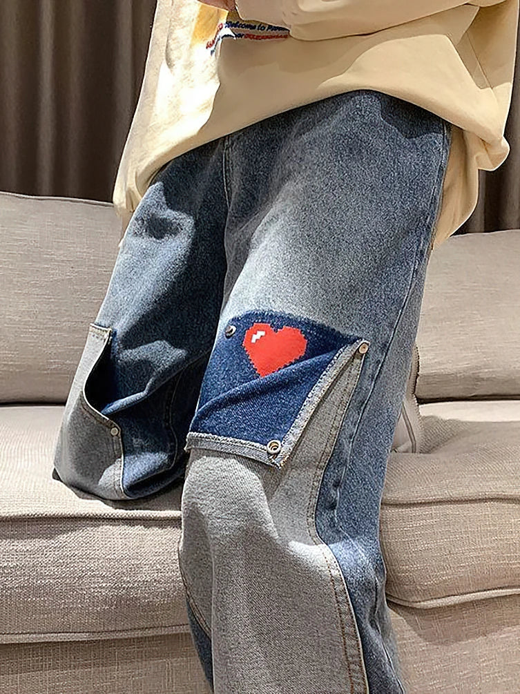 saferido Harajuku Wide Leg Baggy Jeans Pants Men Love Heart Oversize Straight Denim Buttton Cargo Long Trousers Streetwear Student New