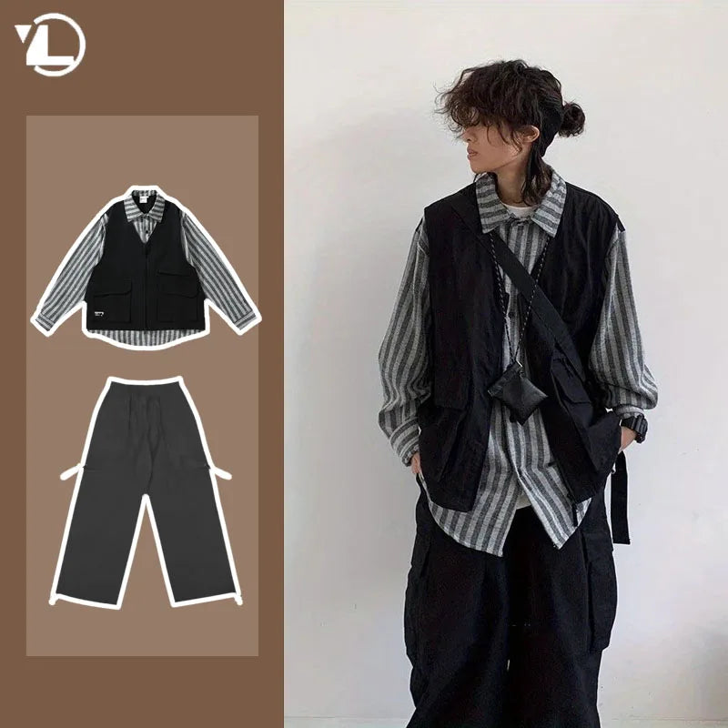 Spring New Japanese Set Mens Fake Two Pieces Striped Tooling Shirts+casual Wide Leg Pants 2-Pcs Set College Retro Suit Unisex