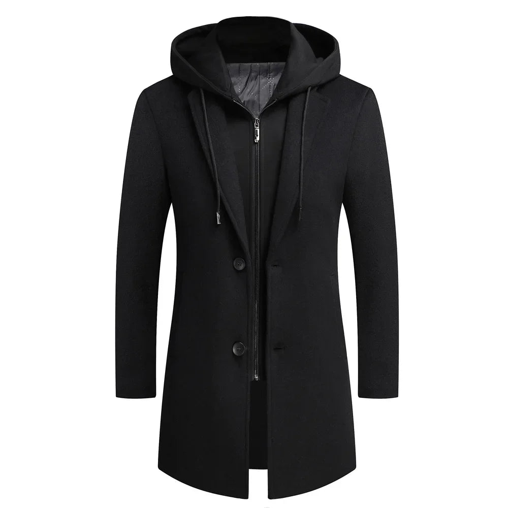 Men's Jacket Detachable Hooded Overcoat Tweed Overcoat Wool Casual Business Long 2023 Fall Winter New Thick Jacket Size M-4XL