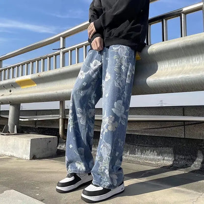 saferido Korean Style Mens Fashion Blue Printed Jeans 2024 Spring New Floral Denim Pants High Street Loose Straight Couples Trousers