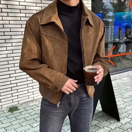 Spring Autumn Fashion Jackets Men Loose Turn Down Collar Coat Mens Vintage Casual Streetwear Outwear Solid Zipper Bomber Jacket