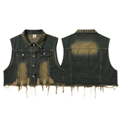 saferido American Style Vintage Denim Vest Cropped Fringed High Street Jacket Casual Loose Fit Sleeveless Tank Top For Men Women