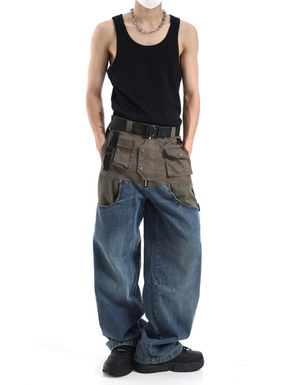 Patchwork Baggy Wide Leg Jeans Pants Men Distressed Denim Trousers Male Oversize Japanese Streetwear Safari Style Casual