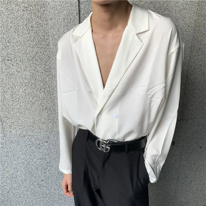 Spring New Deep V-neck Shirt Men Thin Solid Color Korean Style Mens Shirts High-end Design Double-breasted Long Sleeve Shirt