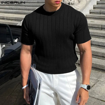 Handsome Well Fitting Tops New Men Knitted O-Neck Well Fitting T-shirts Casual Fashion Solid Short Sleeve Camiseta S-5XL