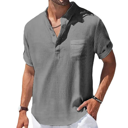 Summer New Men's Cotton and Linen Shirts Short-Sleeved T-shirt Henry Collar Casual Men's T-shirts Shirt Male Men Clothing