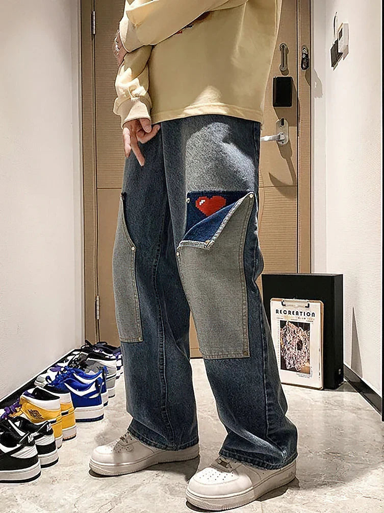 saferido Harajuku Wide Leg Baggy Jeans Pants Men Love Heart Oversize Straight Denim Buttton Cargo Long Trousers Streetwear Student New