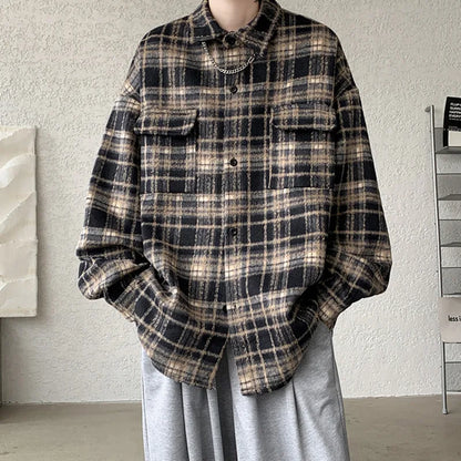 saferido Winter Short Woolen Coat Men Warm Oversized Retro Plaid Woolen Jacket Men Streetwear Korean Loose Thick Woolen Coat Mens Jackets