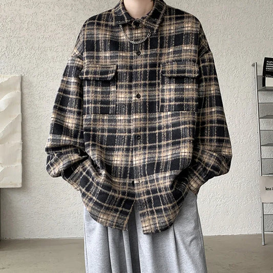 saferido Winter Short Woolen Coat Men Warm Oversized Retro Plaid Woolen Jacket Men Streetwear Korean Loose Thick Woolen Coat Mens Jackets