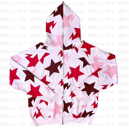 New y2k Sweatshirt Men Star Print Long Sleeve Hooded Tops 2000s Aesthetic Clothes Zip Up Streetwear Fairycore Grunge Jacket