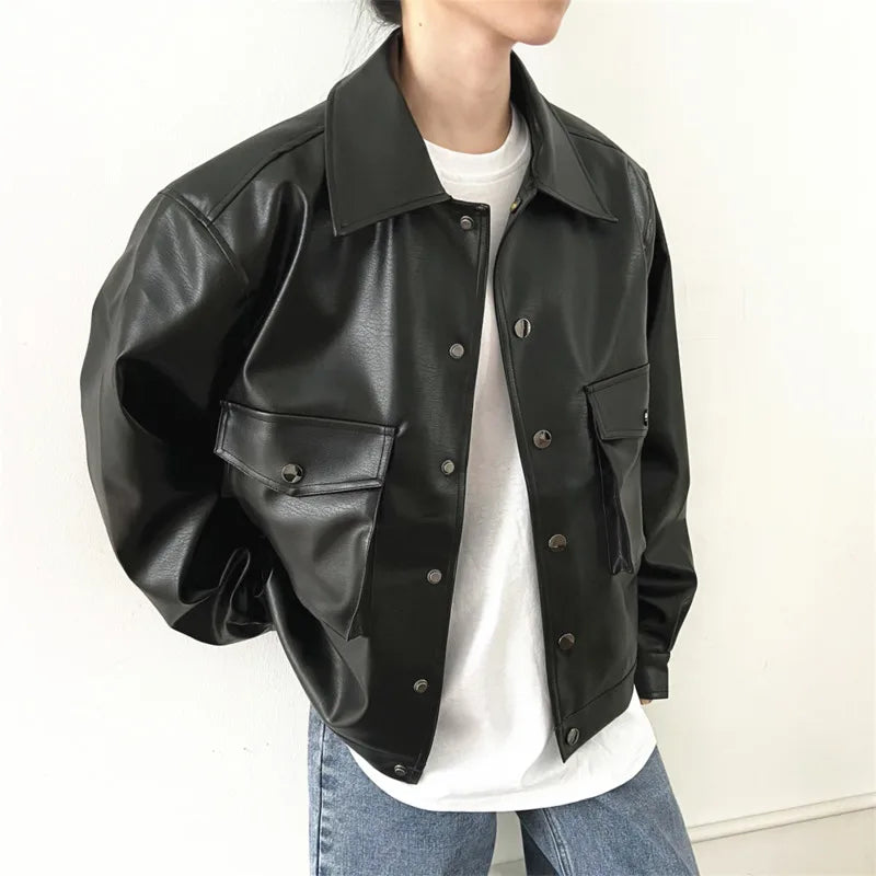 saferido Black Short Leather Jacket Men Oversized Pocket Motorcycle Jackets Mens Streetwear Hip-hop Loose Bomber Jacket Men Korean Coat