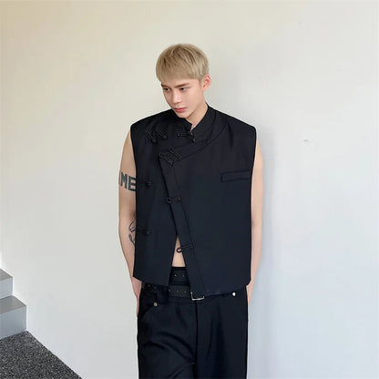 saferido 2024 Spring Round Collar Male Vest Chinese Style Button Solid Color Sleeveless Vests Trendy Men's Clothing Niche Design