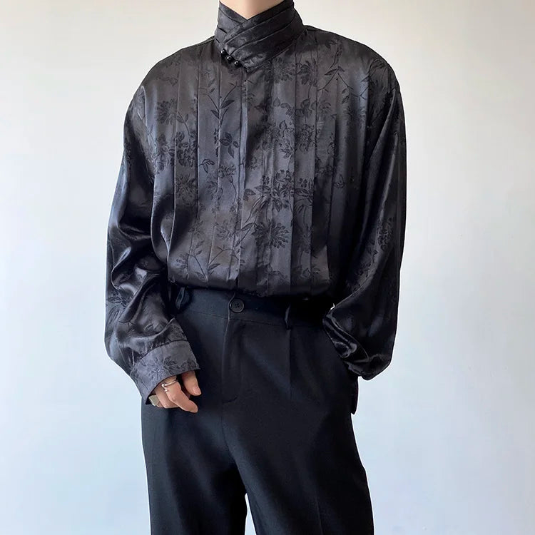 Pleated Stand Collar Jacquard Satin Trend Men's Shirt Long Sleeved Fashionable Autumn Male Tops Solid Color