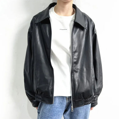 saferido Short Leather Jacket Men Oversized Zipper Motorcycle Jackets Men Streetwear Hip-hop Loose Bomber Jacket Mens Korean Coat M-2XL