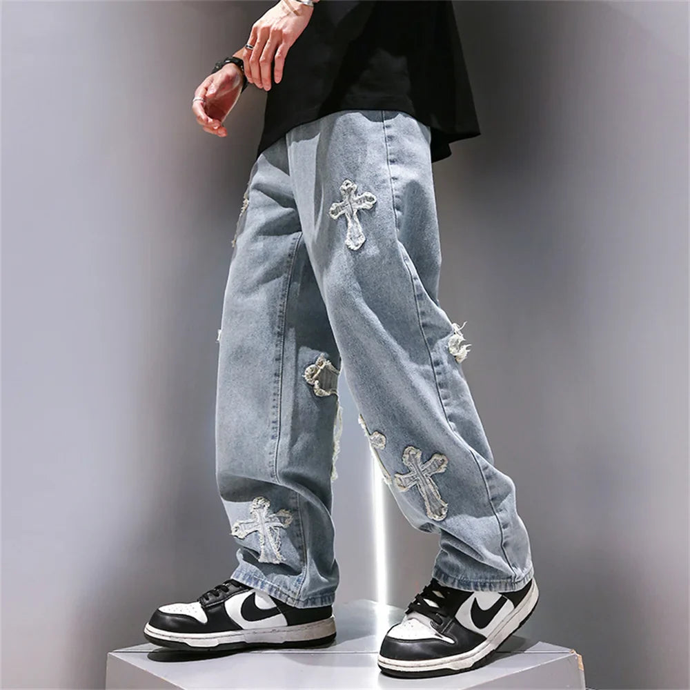 saferido High Street Jeans Men Cross Graphic Baggy Denim Pants Unisex Young Streetwear Blue Loose Punk Casual Fashion Y2k Trousers Summer