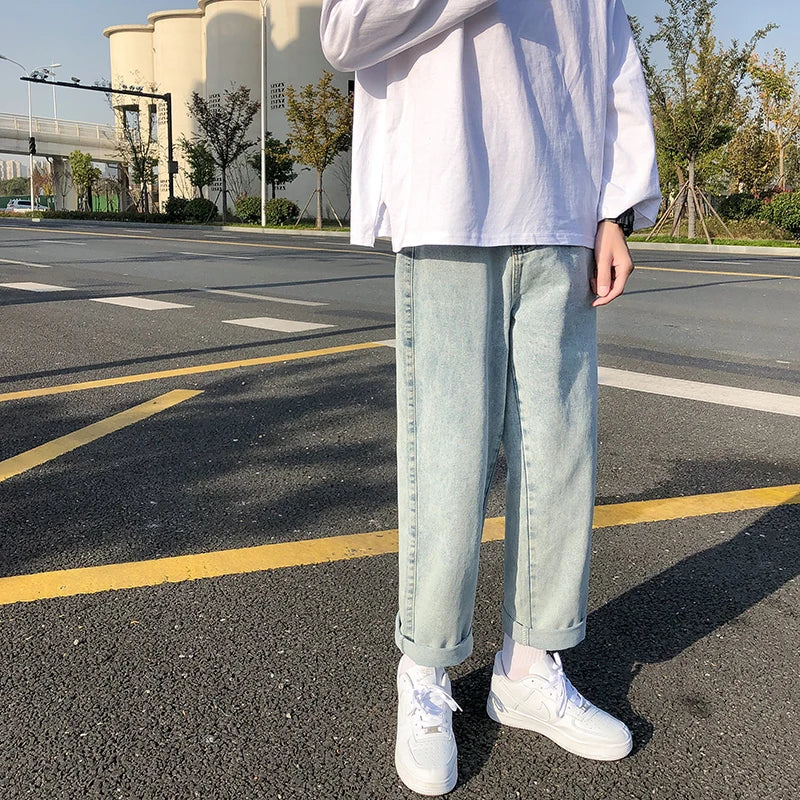 Spring and Autumn Men's Straight Hip Hop Jeans Streetwear Loose Casual Wide Leg Pants Male Brand Trousers Light Blue Black