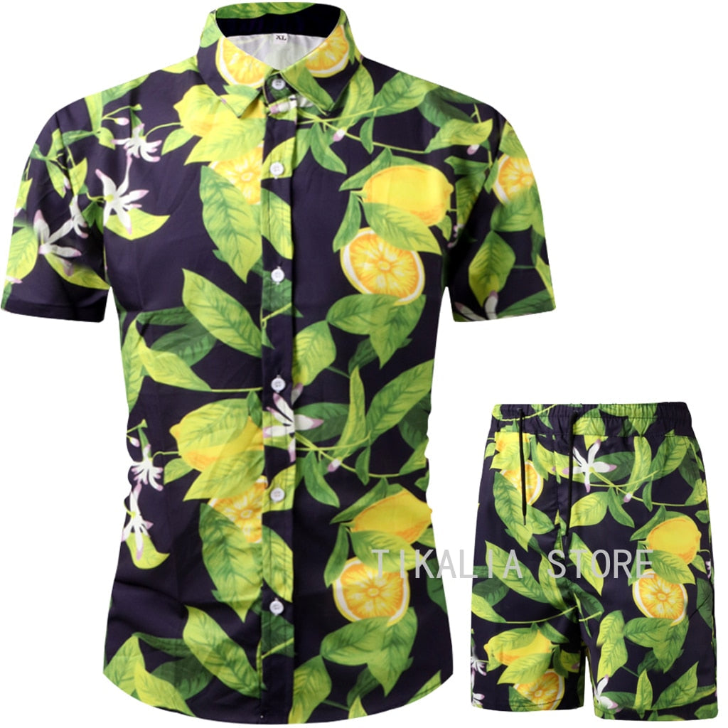 Men Clothing Set  Two Piece Set Summer Beach Wear Floral Print Casual Shirt and Shorts Set Hawaiian Shirt Holiday Clothes