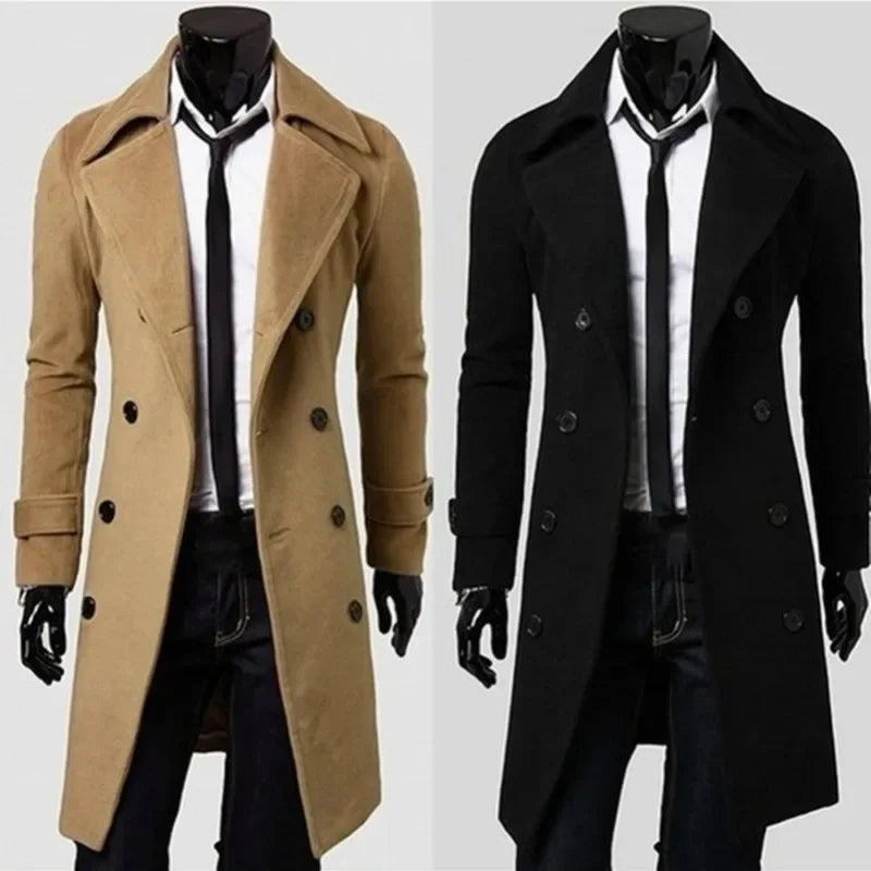 saferido Autumn Winter Men Long Trench Coat Double-breasted Solid Color Simple Mid-Length Windproof Thick British Fashion Slim Jacket