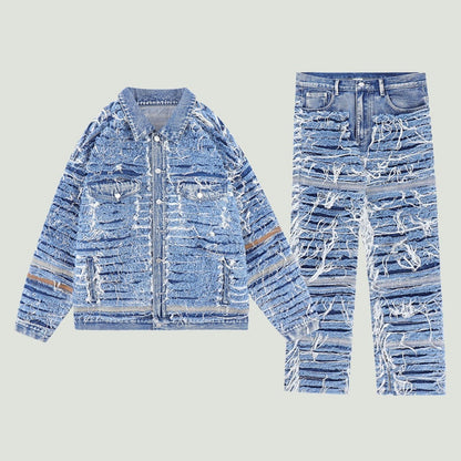 Fashion Men's Distressed Denim Suits Streetwear Harajuku Solid Color Loose Spliced Cowboy Jackets and Jeans 2 Piece Sets Unisex