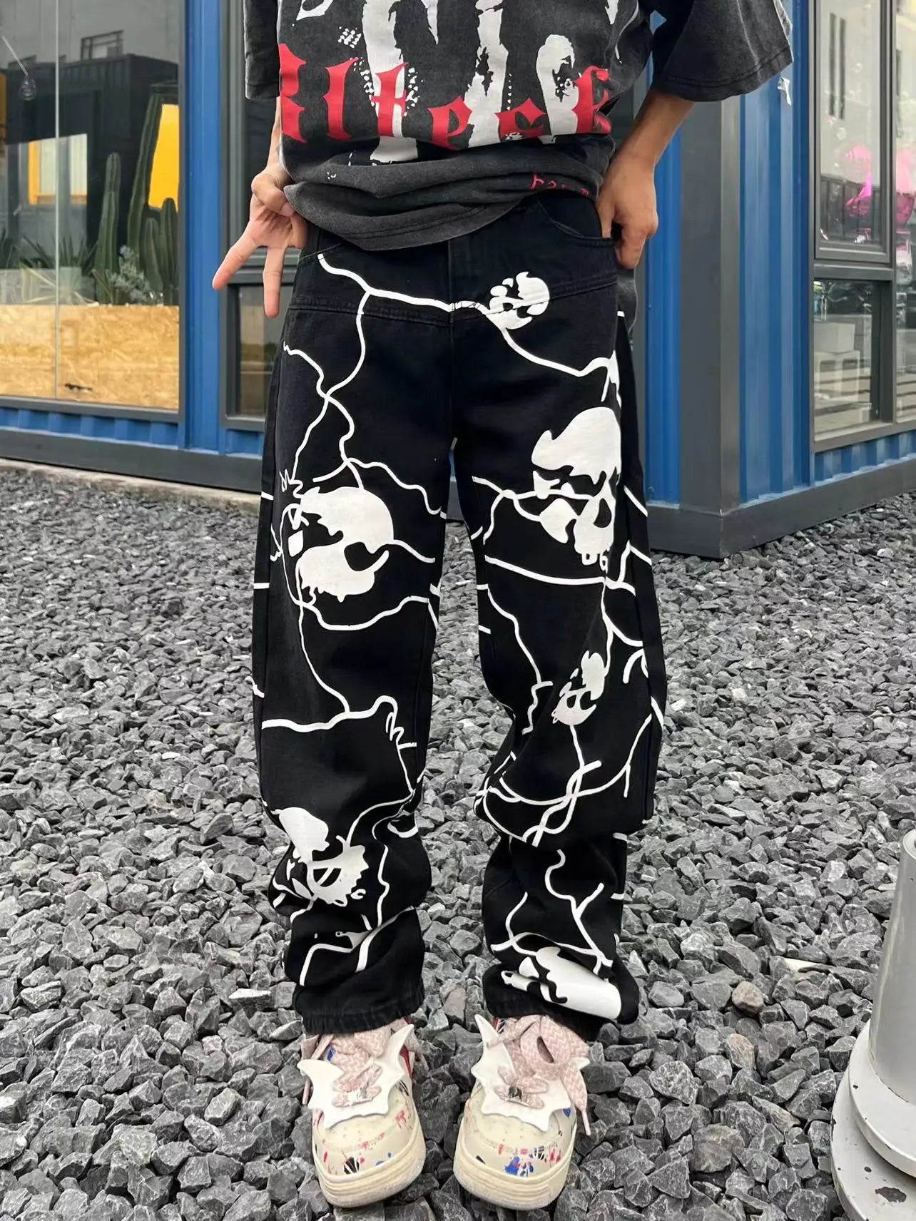 saferido Skull Printed Man Woman Black Jeans Trousers for Men Trends Clothes Pants Men's Punk Trendyol Streetwear Hip Hop Casual Straight