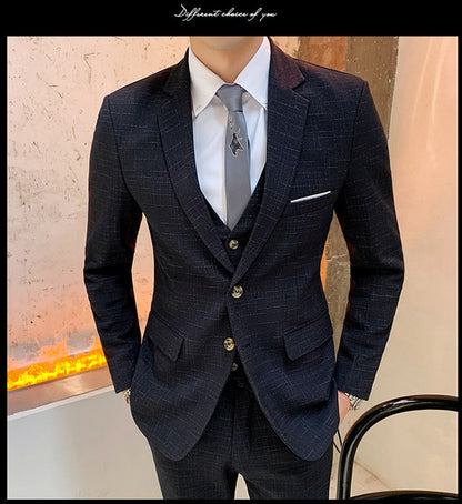 Men's Suit Jacket Vest Pants Fashion Boutique Plaid Casual Business Male Groom Wedding Tuxedo Dress 3 Pieces Set Blazers Coat