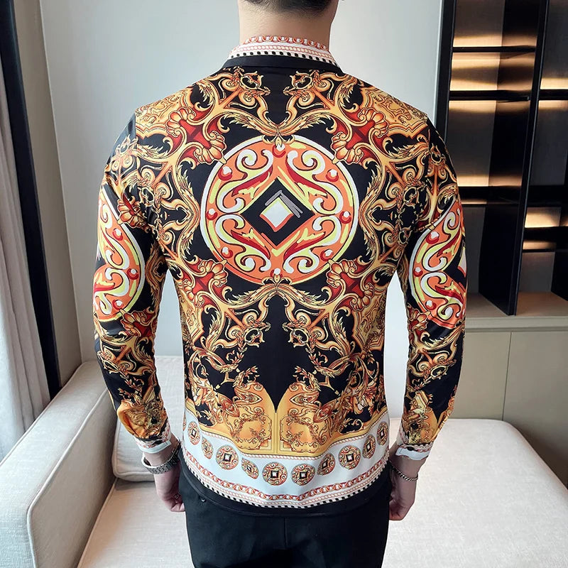 saferido Luxury Paisley Gold Printed Shirt Men's Royal Club Clothing Korean Men's Long Sleeve Slim Long Sleeve Shirt Tuxedo Shirt