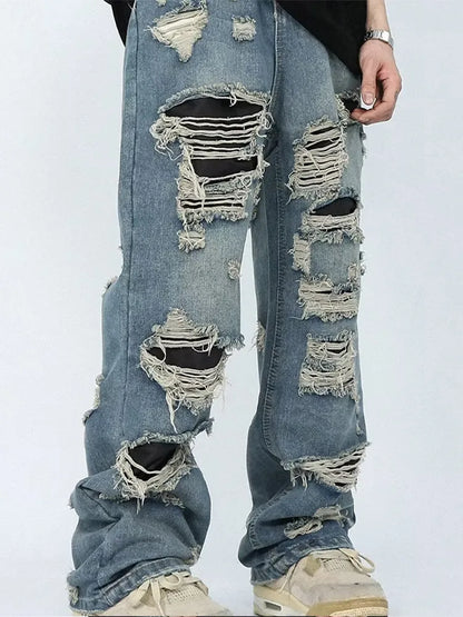 Straight Hole Beggar Zipper Long Pants Men Solid Streetwear High Waist Jeans Trousers Male Autumn  Fashion Men's Clothing