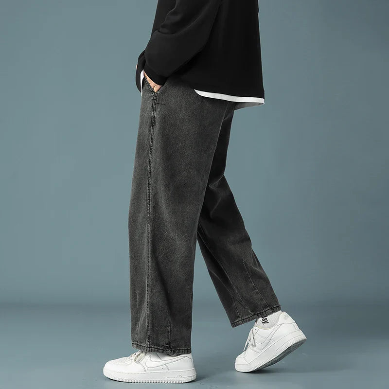 Spring New Men's Baggy Denim Wide Leg Pants Korean Style Elastic Waist Stylish Harem Fit Jeans Skateboard Trouse Male Black