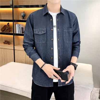 saferido Denim Shirt for Men Jeans Cotton Long Sleeve Blue Blazer Button Up Y2K Casual Spring Summer Cardigan Loose Fashion  Black Coat