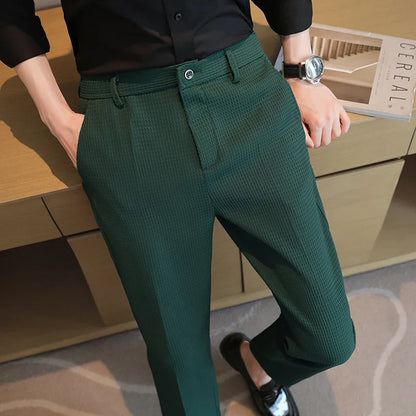 saferido Waffle Casual Suit Pant Spring Men Elastic Waist Formal Classic Pants Green Black White Office Social Slim Trousers Homme 29-38