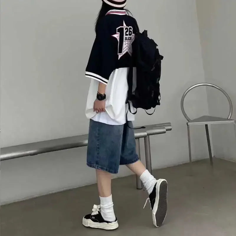 saferido High Street Retro Blue Jeans Shorts Summer New Baggy Wide Leg Denim Half Pants Fashion Streetwear Y2k Clothing Oversize Man