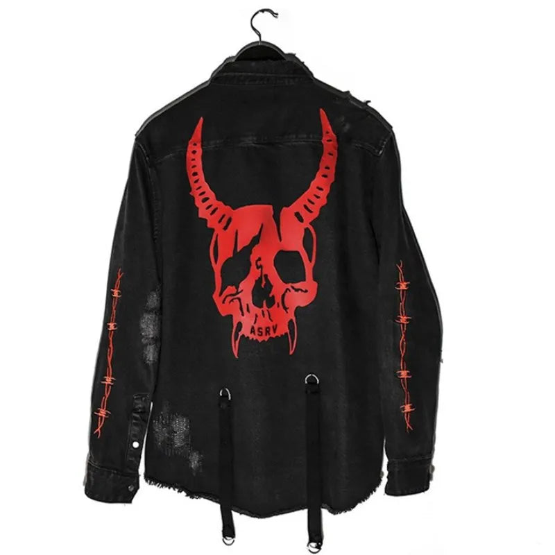 saferido Men'S Trendy Spring And Autumn Gothic Style Lapel Cardigan Jacket Denim Top Jacket Skull Long Sleeve Jacket