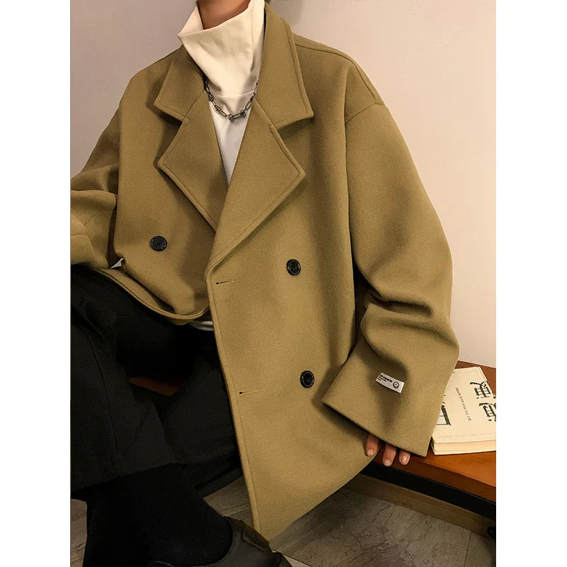 saferido men Black Streetwear Winter Jacket Overcoat Classic Korean Fashion Trench Coat Oversized Windbreaker Wool Blends Coat