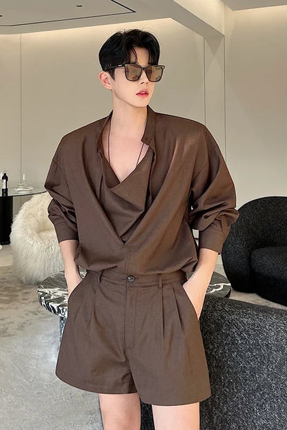 saferido Korea Fashion Spring Male Casual Casual Set Solid Color Personality Lapel Short Sleeve Men's Short Pants Top 2-piece set