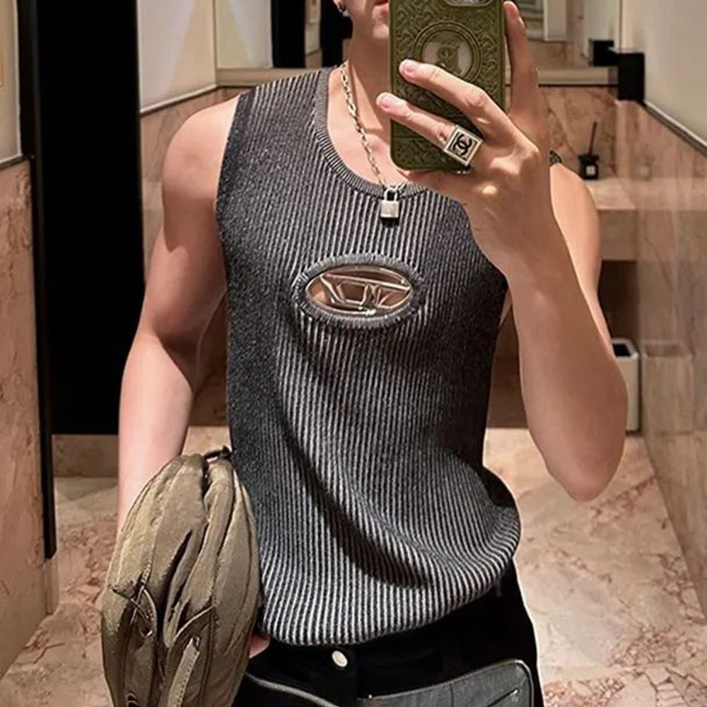 Metal Design Hollow Vest Men's Summer American Retro Sleeveless T-shirt Top Unisex Tank Top Tide Brand Sexy Y2k Streetwear