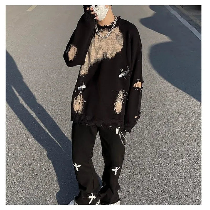 saferido Korean style Retro Worn-out Sweater For Men With Of Design Clip Loose Fit Trendy Winter Streetwear  Knitwear Fashion