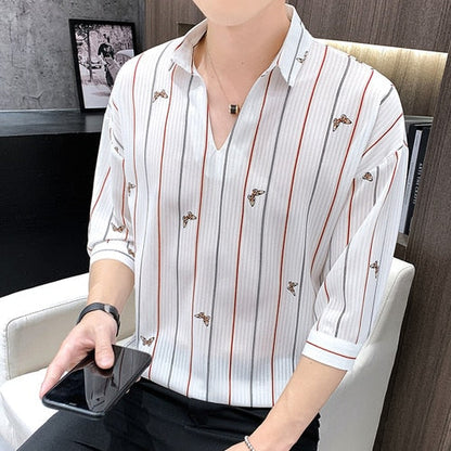 ngland Style Fashion Print Shirt Men Summer Men Three Quarter Sleeve Luxury Shirt Casual Loose Shirts