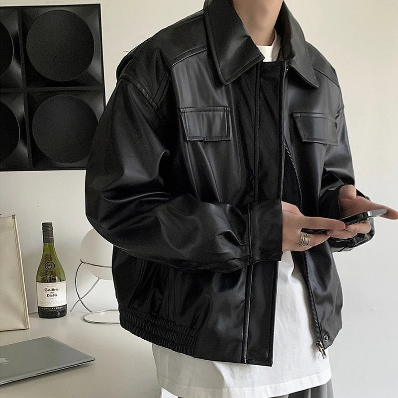 Men's Casual Texture PU Leather Jacket High Street Zippers Turn-down Collar Long Sleeve Retro Coat with Pocket Autumn