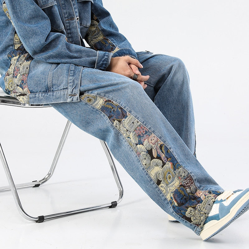 New Men's Jeans Baggy Bear Printed Wide Leg Pants Men's Hip Hop Street Loose Denim Pants Elastic Waist Lace Up Casual Pants