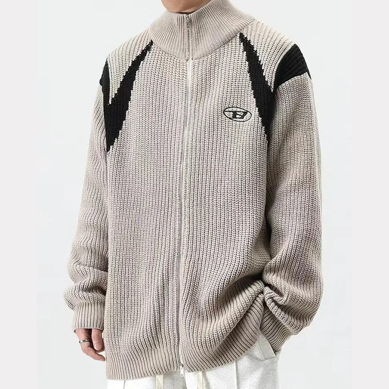 Double Zipper Cardigan Sweater Men Women Retro Loose Knitted Jumpers Autumn Streetwear Harajuku Street Color Block Jacket New