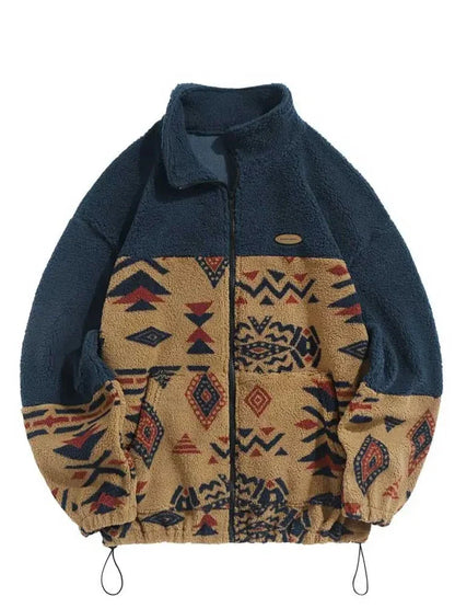 Ethnic Aztec Printed Jackets for Men Turtleneck Zip Fly Fluffy Jacket Winter Streetwear Unisex Warm Outerwear